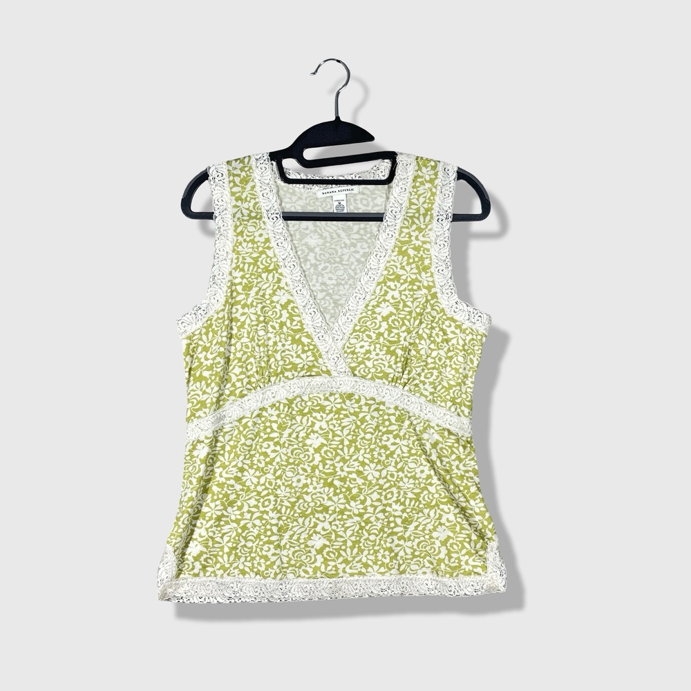 Banana Republic Tank Top Womens Medium Green Floral Lace Y2K Cottagecore Boho